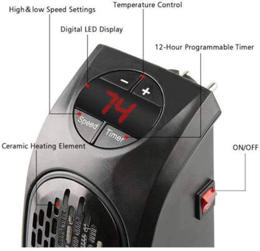 Compact Plug-in Electric Room Heater – 400W Handy Mini Air Warmer with Timer & LED Display, Wall Outlet Space Heater for Home, Office & Bedroom, Personal Portable Heater Fan