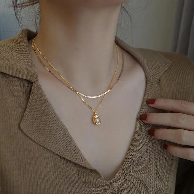 OIMG 316L Stainless Steel Gold Plated Fashion Elegant Irregular Baroque Imitation Pearl Neckalce For Women Aesthetics Jewelry